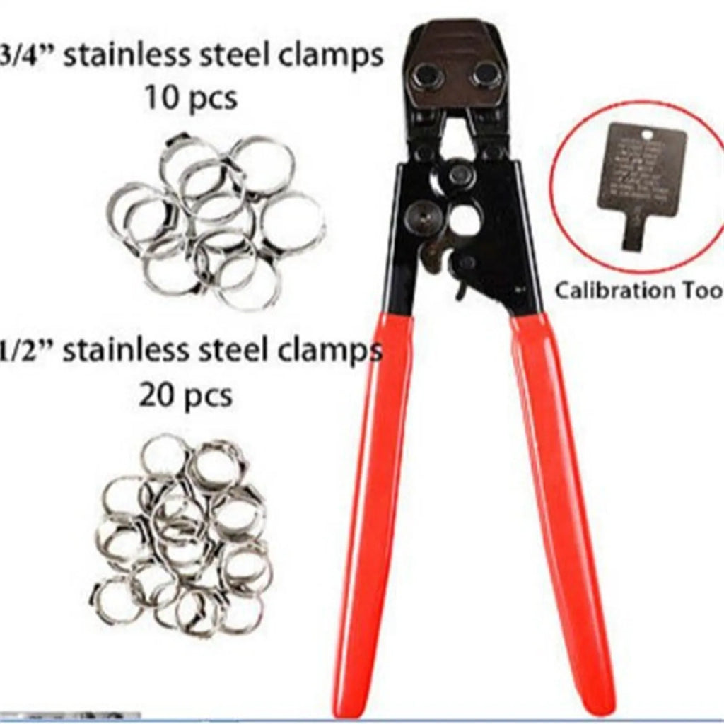 Red cloth bag containing a metal PEX clamp tool and a carbon steel cutting blade.