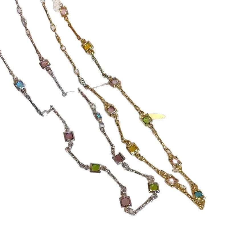 Square colour geometric clavicle chain necklace with quadrilateral artificial crystal pendant in gold alloy finish