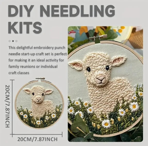 Cute cartoon embroidery pin punch kit with sheep style cloth material and hand-woven craft