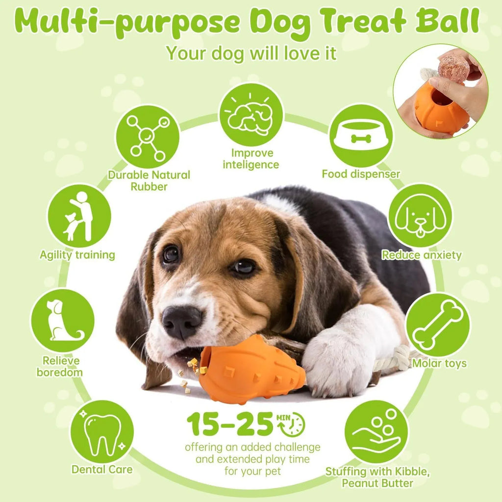 Natural rubber stuffable dog toy with a long strap for fetch and treat dispensing.