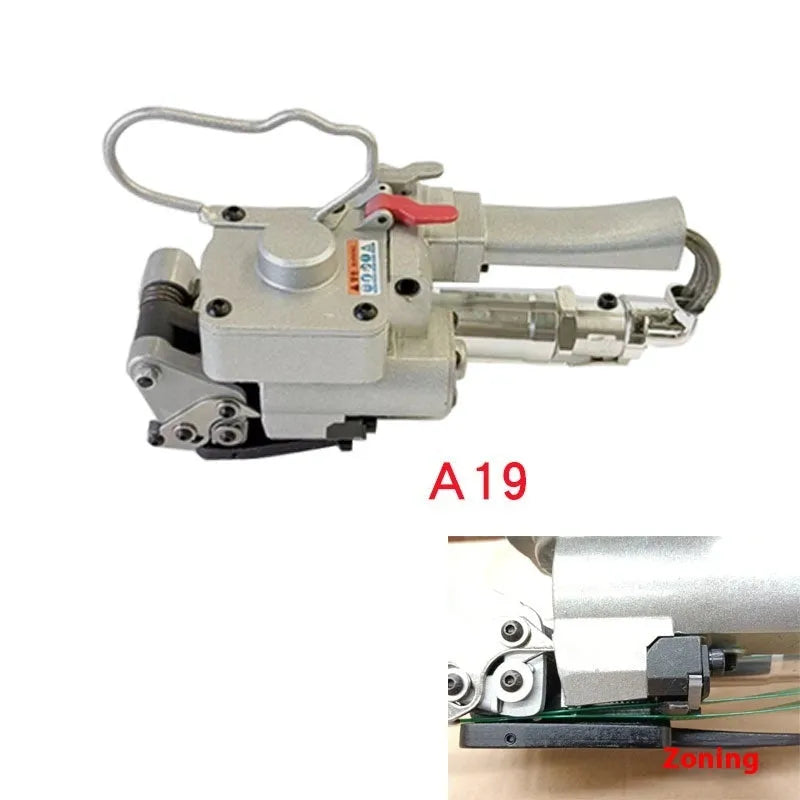 Pneumatic A19 handheld packer for semi-automatic strapping with 16-19mm ribbon width and XQD-A19 split belt design.