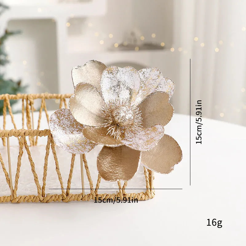 Set of three 15cm flannel Christmas flower ornaments in Champagne Gold, Dark Green, and Wine Red for tree decoration