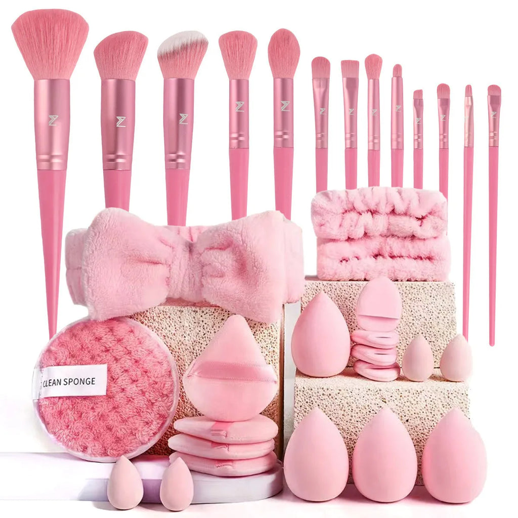 Hydrophilic non-latex beauty tool set in brown, pink and purple colours for facial cleansing and makeup application