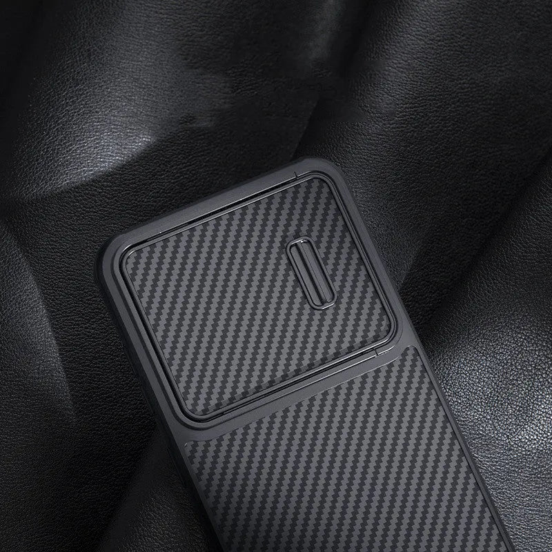 Black Samsung S23 Ultra phone case with a sliding cover over the rear camera lenses.