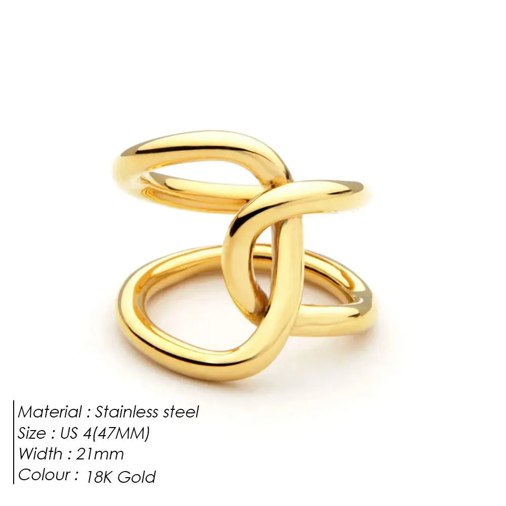 Adjustable geometric U-shaped ring with knotted design in stainless steel available in five sizes