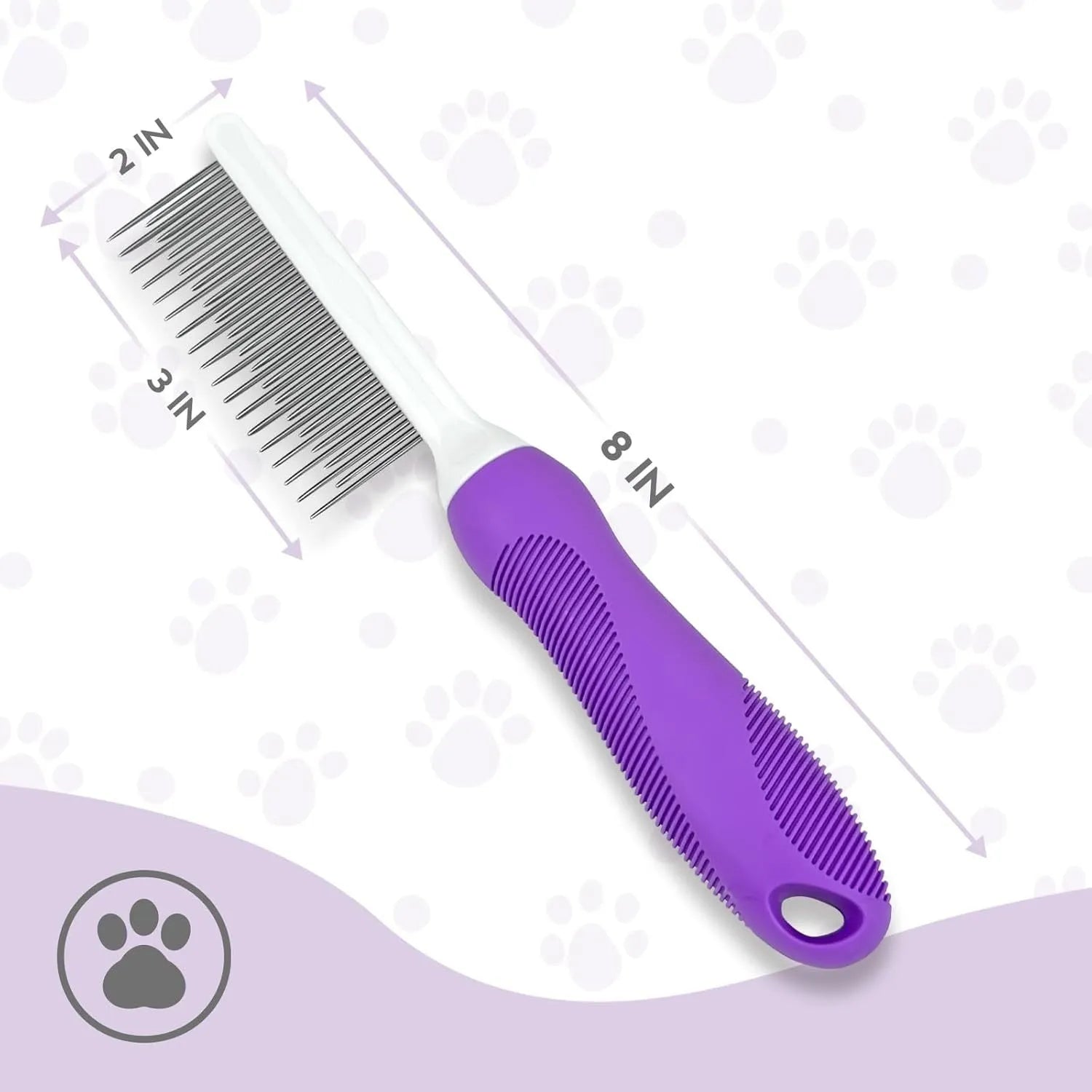 Purple pet grooming comb with stainless steel teeth on an ergonomic handle.