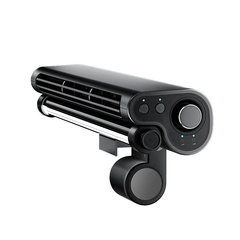 Black bladeless USB clip-on fan with integrated lamp attached to a laptop screen.