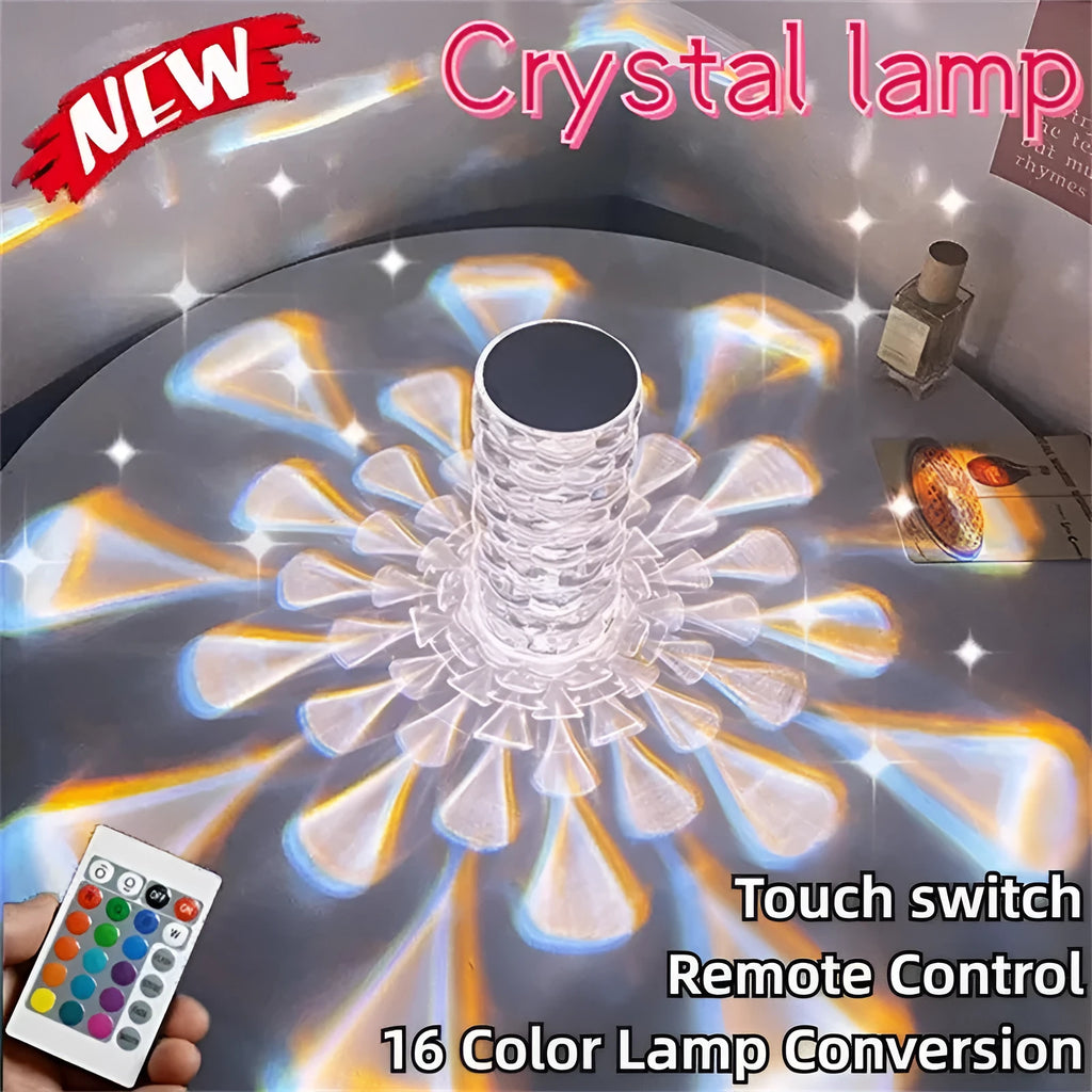 Crystal table lamp teardrop shape rechargeable night light with acrylic shade and touch control on bedside table creating warm glow