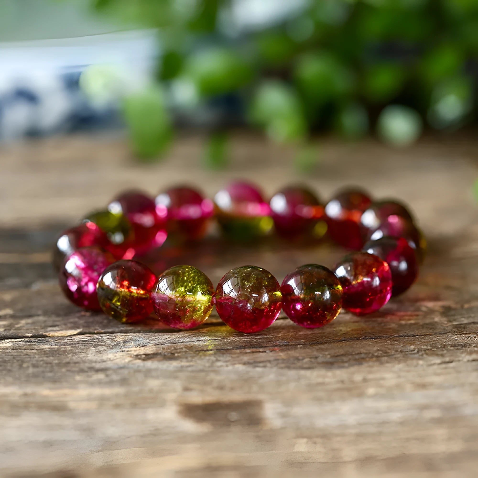 Watermelon crystal bracelet showing crystal beads on wrist, available in 6mm, 8mm, 10mm and 12mm sizes