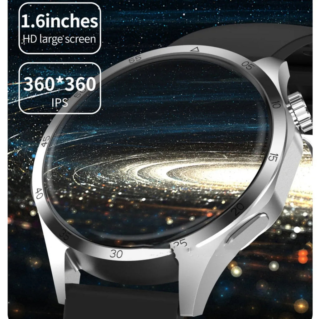 Black Bluetooth smartwatch with touch screen displaying health metrics, available with silicone or Milan net strap options