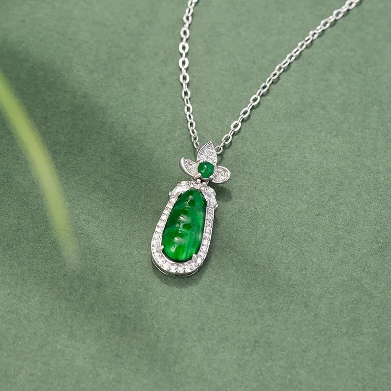 925 sterling silver sauteed green beans flower pendant necklace on cross chain, D1722 style, silver colour