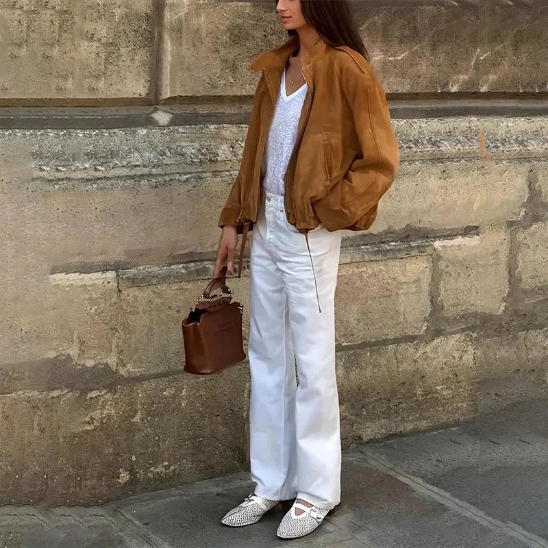 Retro solid colour polyester jacket with loose fit and long sleeves