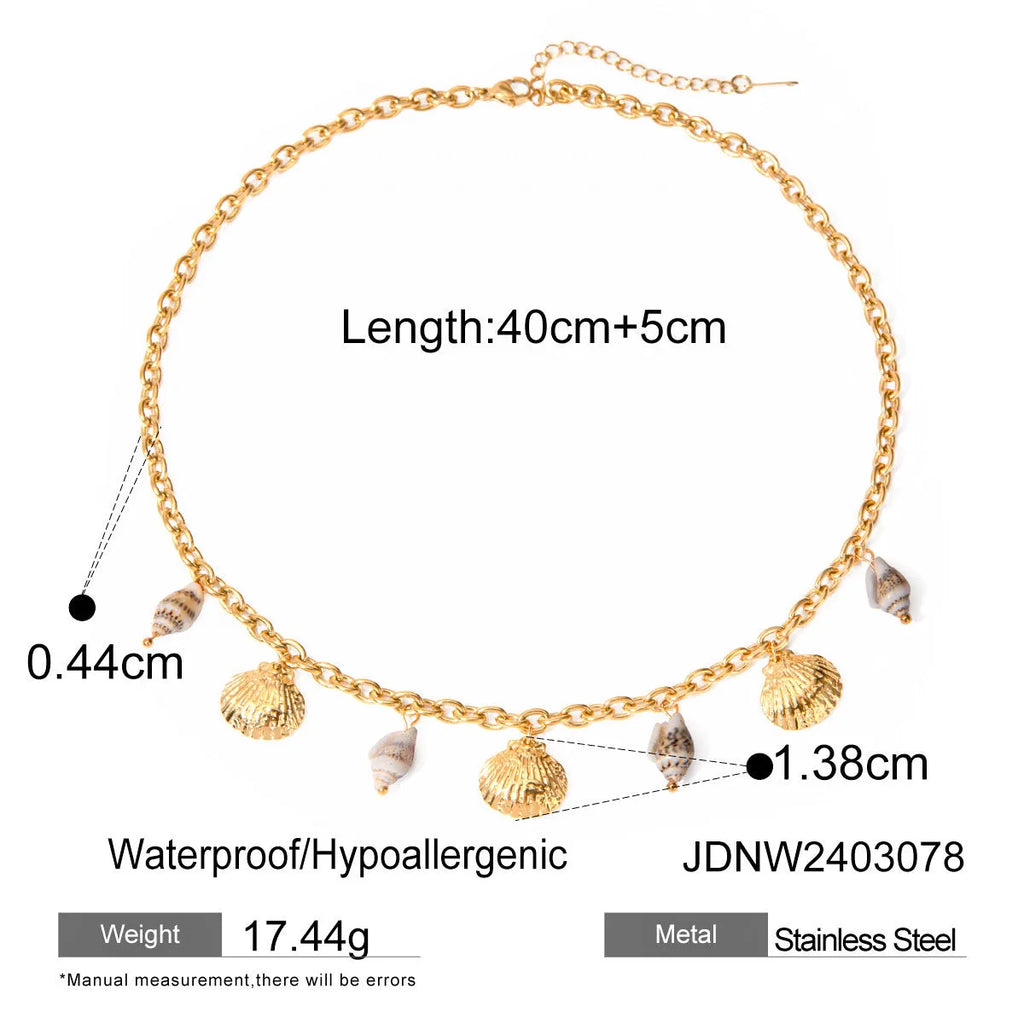 Titanium steel pearl necklace with geometric shell pendant on stainless steel chain