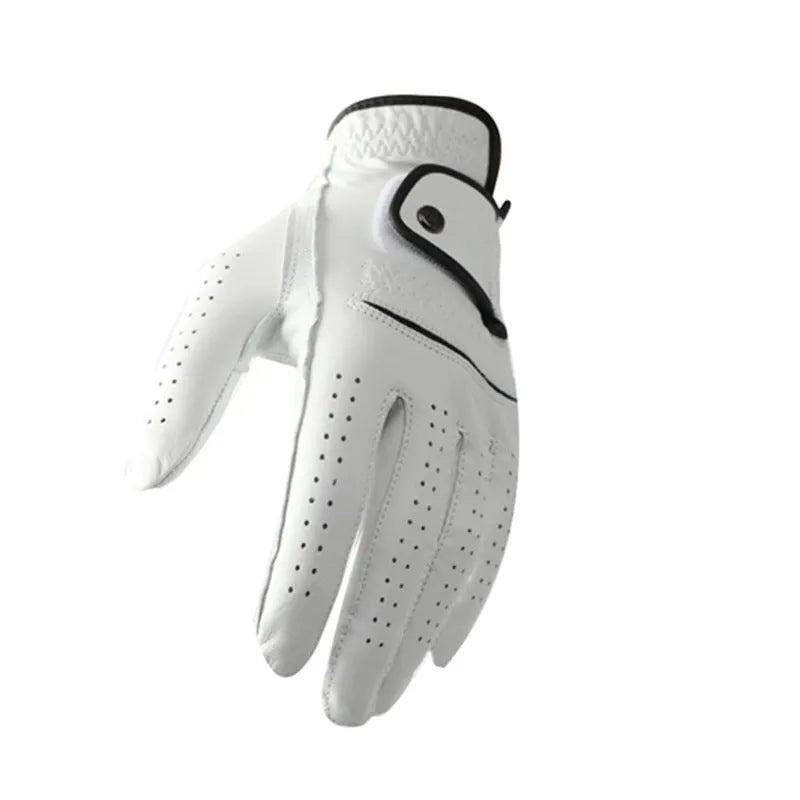 A single white men's golf glove made from breathable half sheepskin leather.