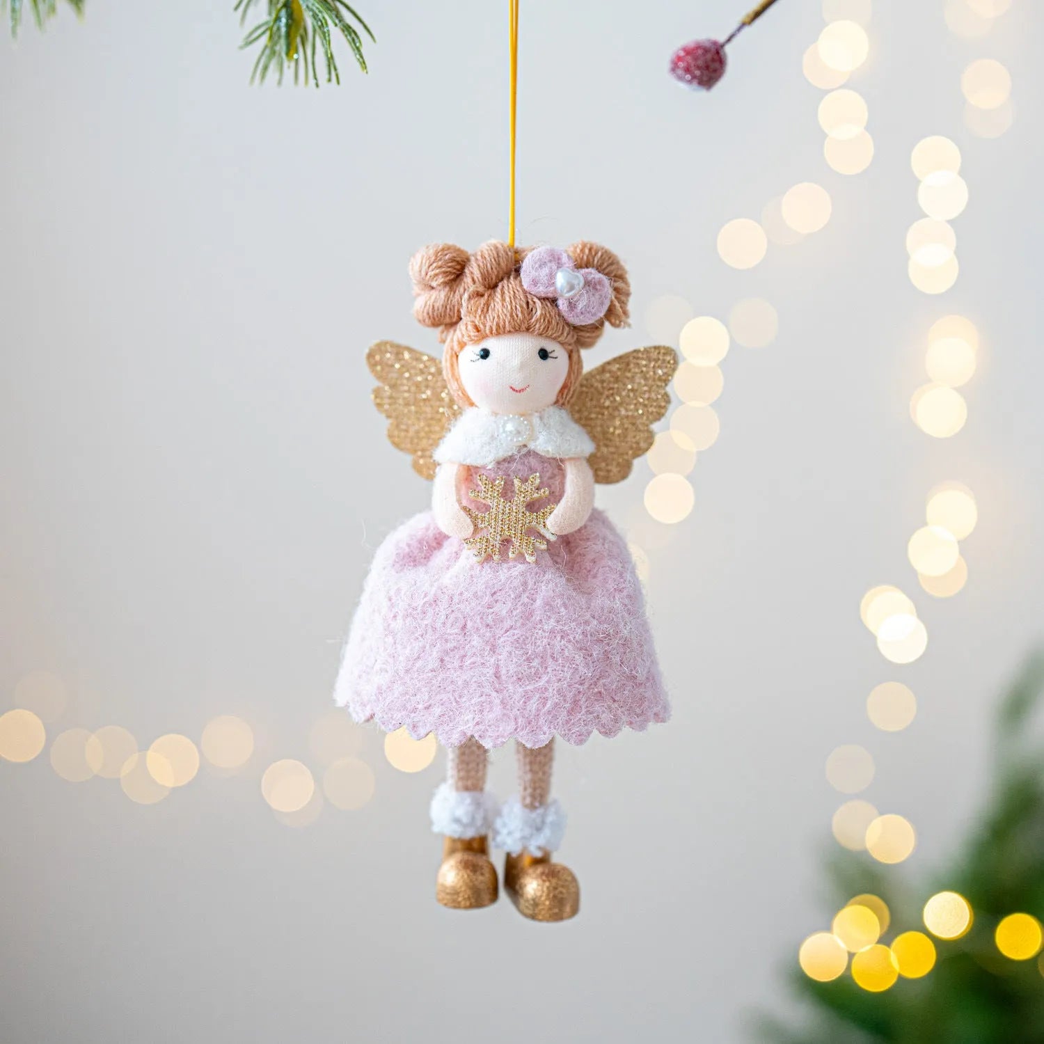 Pink and white cloth Christmas angel wings plush pendant with modern simplicity design