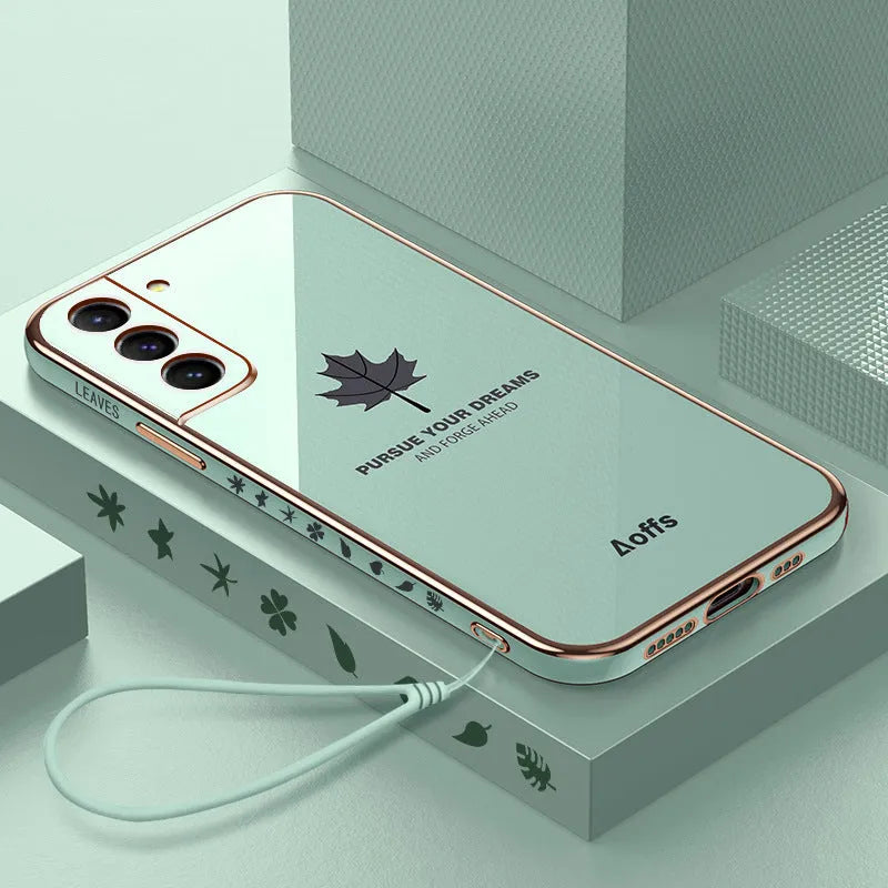 Straight edge electroplating maple leaf phone case for Samsung in black, TPU shockproof shell