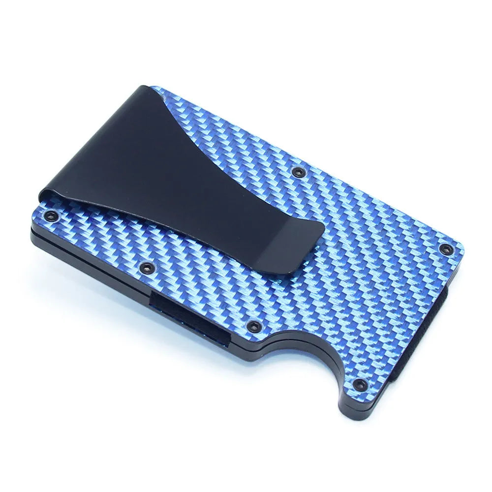 Geometric carbon fibre card wallet with business cards showing 8mm thickness