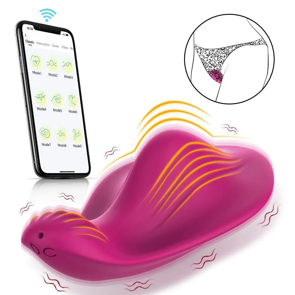 Rose red APP remote control wearable female massager with USB charging port.