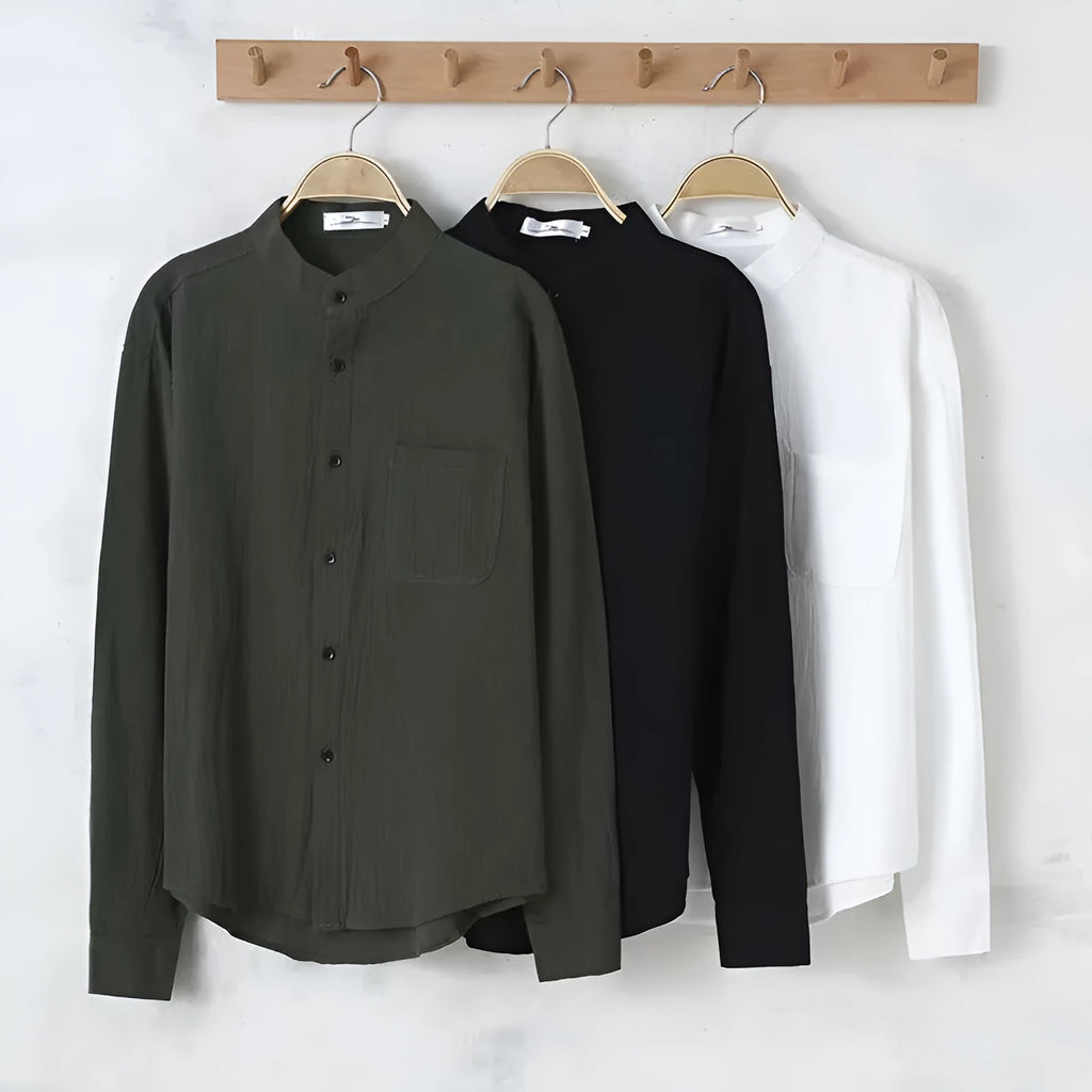 Men's long sleeve round neck loose linen shirt in solid white, black, or green, summer casual top