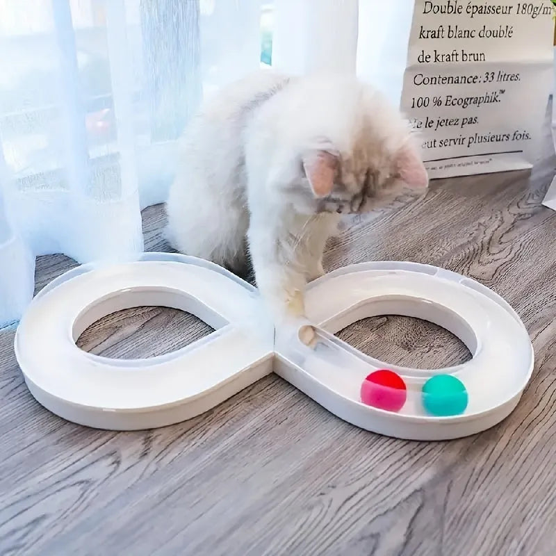 Cat toys collection showing self-hi turntable track ball and teasing cat stick for feline entertainment