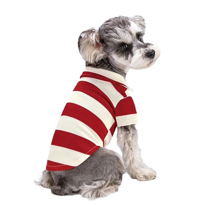 Striped dog polo shirt with beaded lapel and elastic fit, polyester pet vest in pink, green, red, or blue stripes