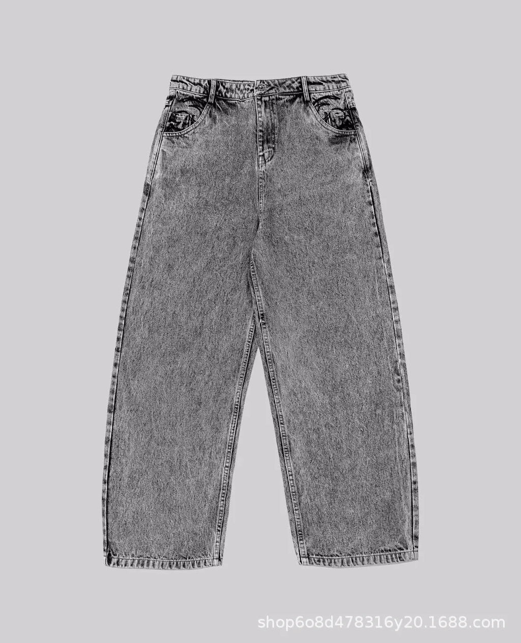 Grey loose straight-leg denim trousers for men and women laid flat, showing mid waist and classic cut.