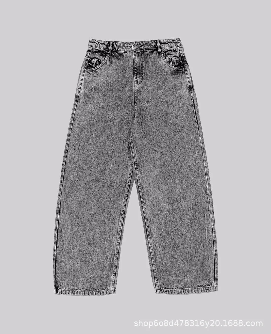 Grey loose straight-leg denim trousers for men and women laid flat, showing mid waist and classic cut.