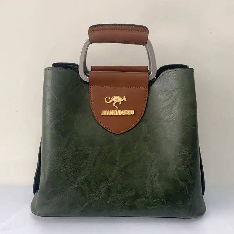 Large capacity PU tote bag in soft leather-look texture horizontal square shape with sewing line detail available in Black Dark Brown Green Red