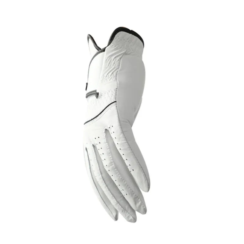 A single white men's golf glove made from breathable half sheepskin leather.