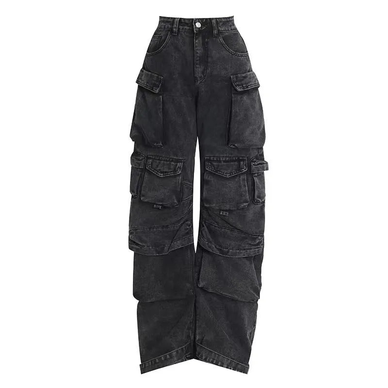 Women's high waist wide leg denim trousers with multiple pockets and tie-dye pattern in street hipster style