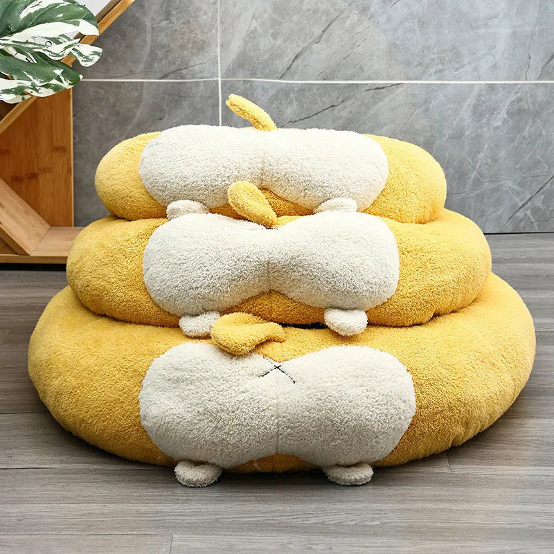 Corgi-shaped soft plush pet bed for dogs and cats, shown in three available sizes.