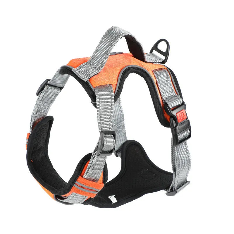 Orange adjustable dog chest strap vest harness with an integrated hand holding rope.