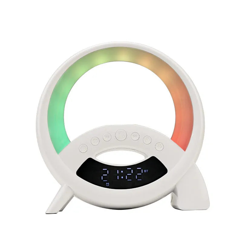 White USB digital alarm clock with night light and speaker showing alarm function and card slot