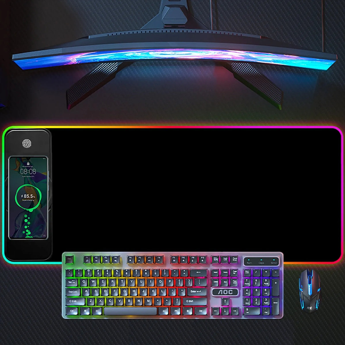 Pure black oversized RGB wireless charging mouse pad with cloth surface, non-slip rubber base, and 3mm thickness