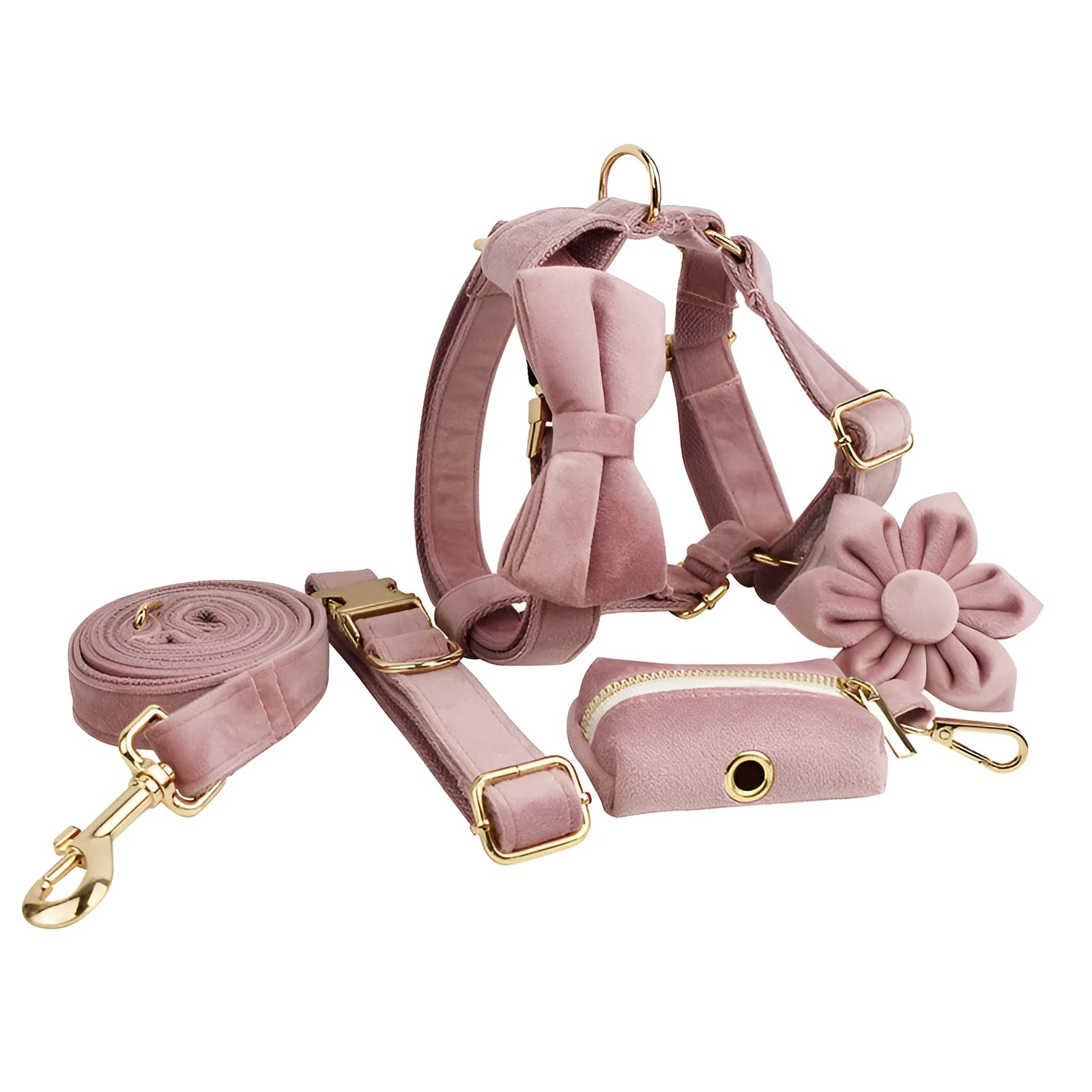 Light purple pink velvet dog collar with matching pet accessories including leash, bowknot and vest
