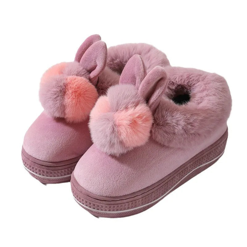 Winter high heel thick-soled slippers in grey with plush upper and TPR non-slip sole