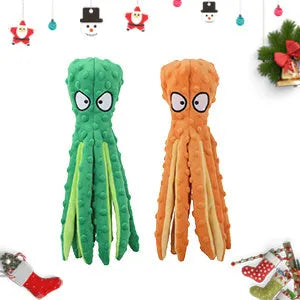 Blue octopus-shaped plush dog toy with crinkle paper and squeaker features on a plain background.