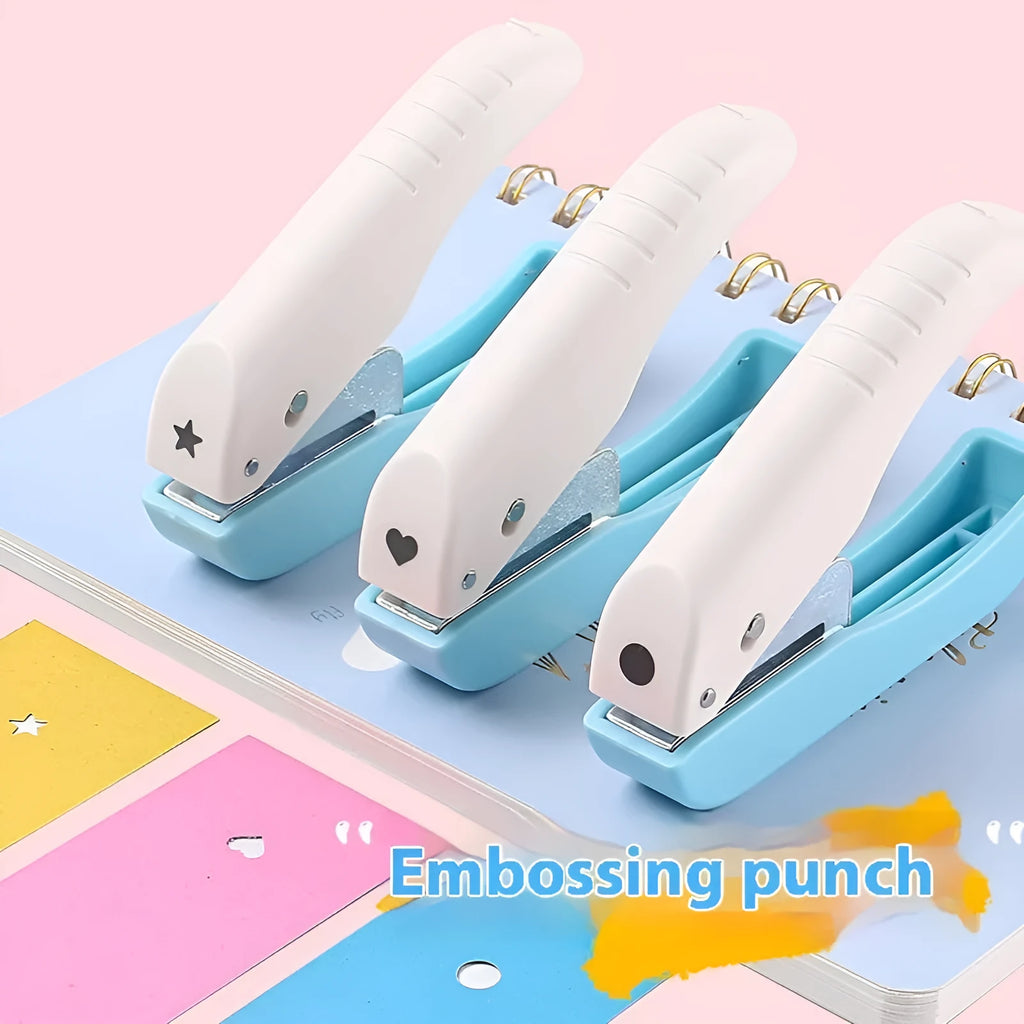Small manual punching machine with embossed design and changeable dies for love, star, 4mm and 6mm round shapes.