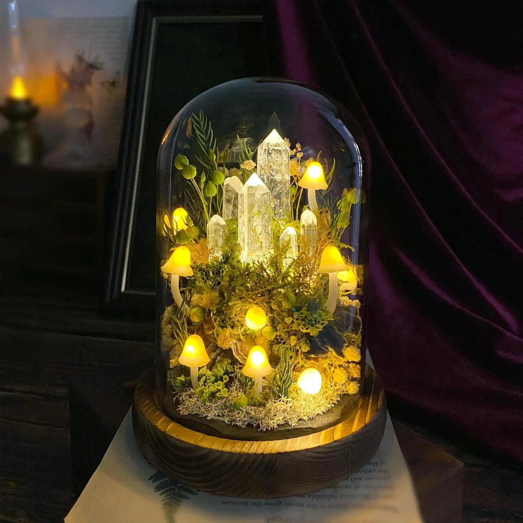 Handmade mushroom creative small night lamp glass cylinder fresh flowers multicolor built-in battery