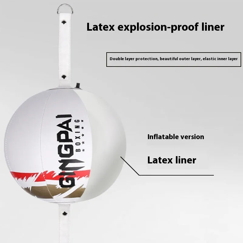Black hanging boxing speed ball made of PU material for reaction training.