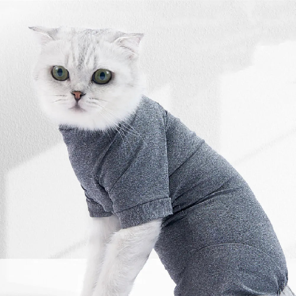 Cat neutering recovery suit in blending gray polyester with sizes XS to L for post-surgery wound protection