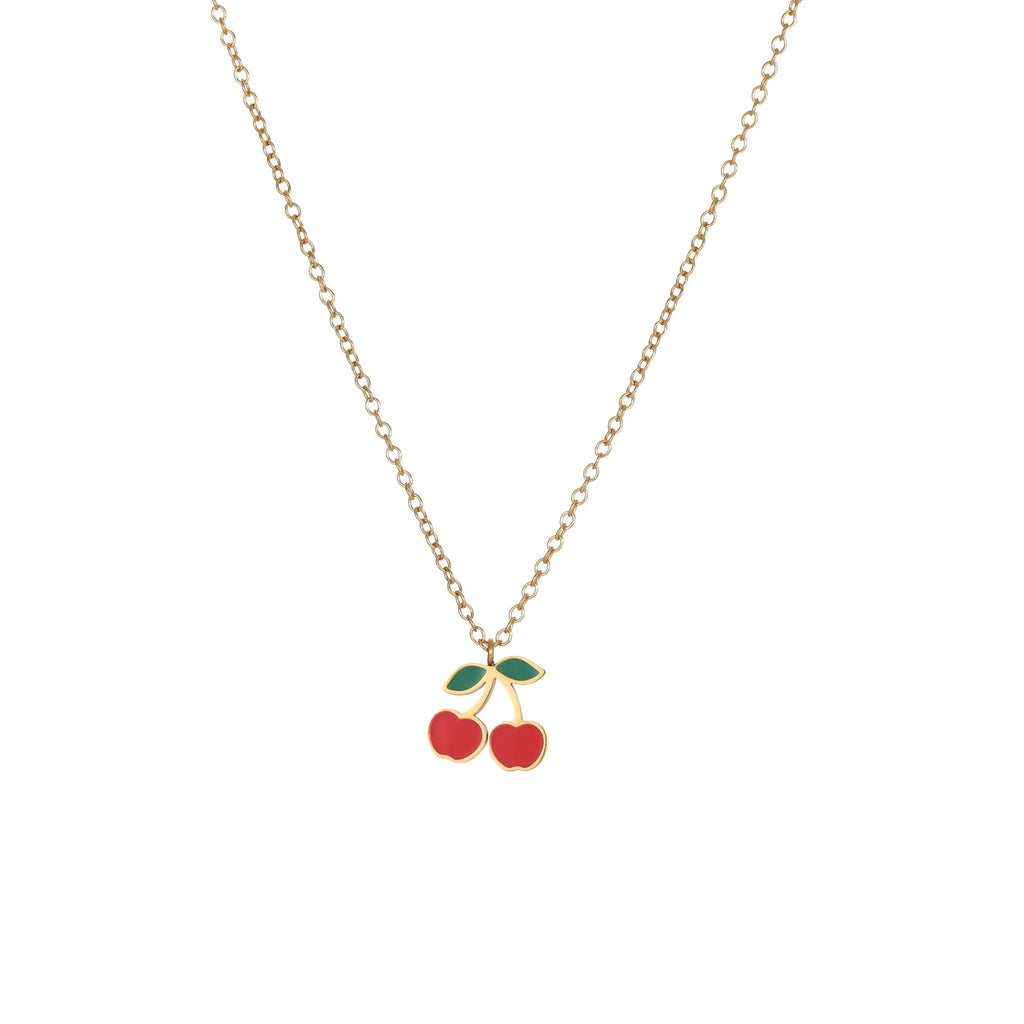 Four-piece cherry jewellery set showing necklace, bracelet, earrings, and ring with 18K electroplated finish