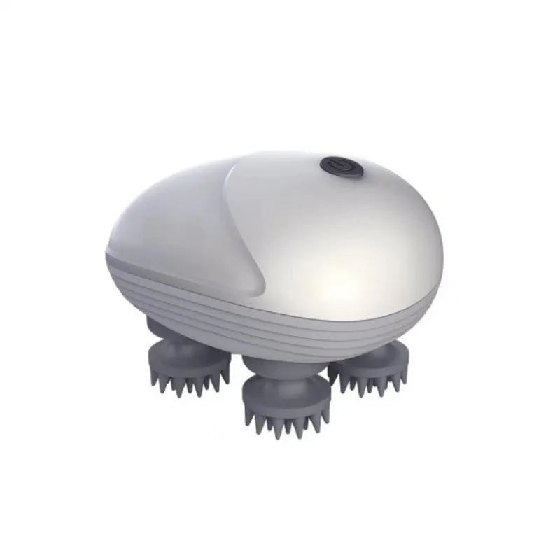 Blue handheld electric pet massager with four rotating soft heads on a white background