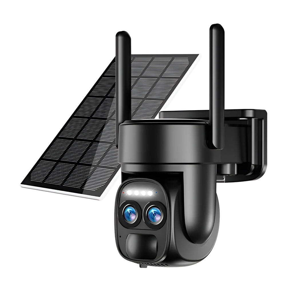Solar-powered outdoor security camera with 8x zoom lens and integrated solar panel