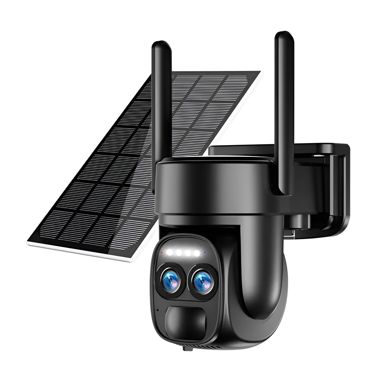 Solar-powered outdoor security camera with 8x zoom lens and integrated solar panel