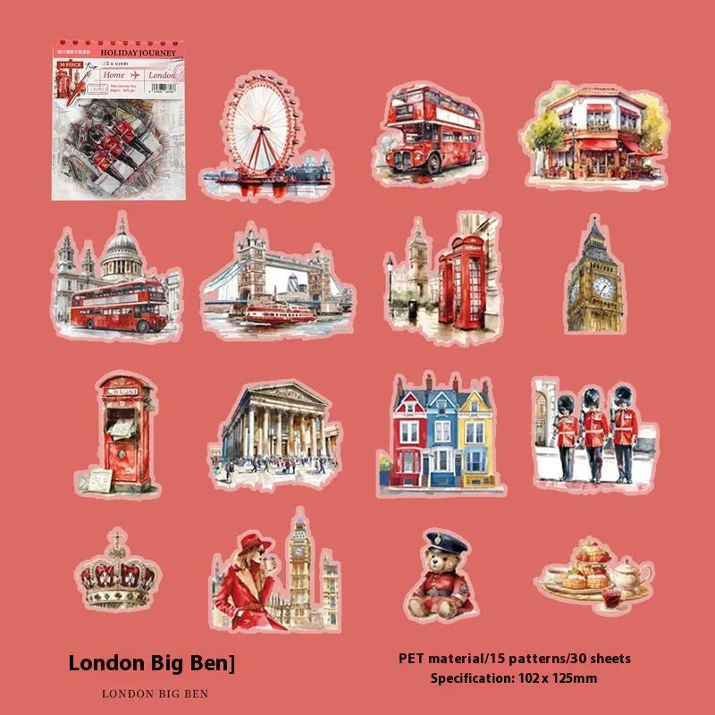Retro style architecture journal stickers showing Paris Arc de Triomphe, London Big Ben, Maldives, Zurich, Rome, and Bangkok designs