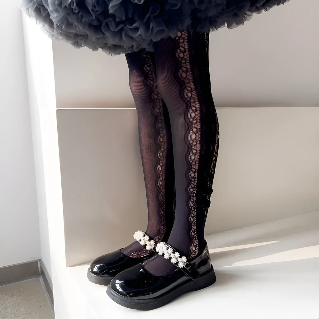Hollow-out love anti-mosquito baby stockings in thin spandex, black colour, children size 65cm to 85cm
