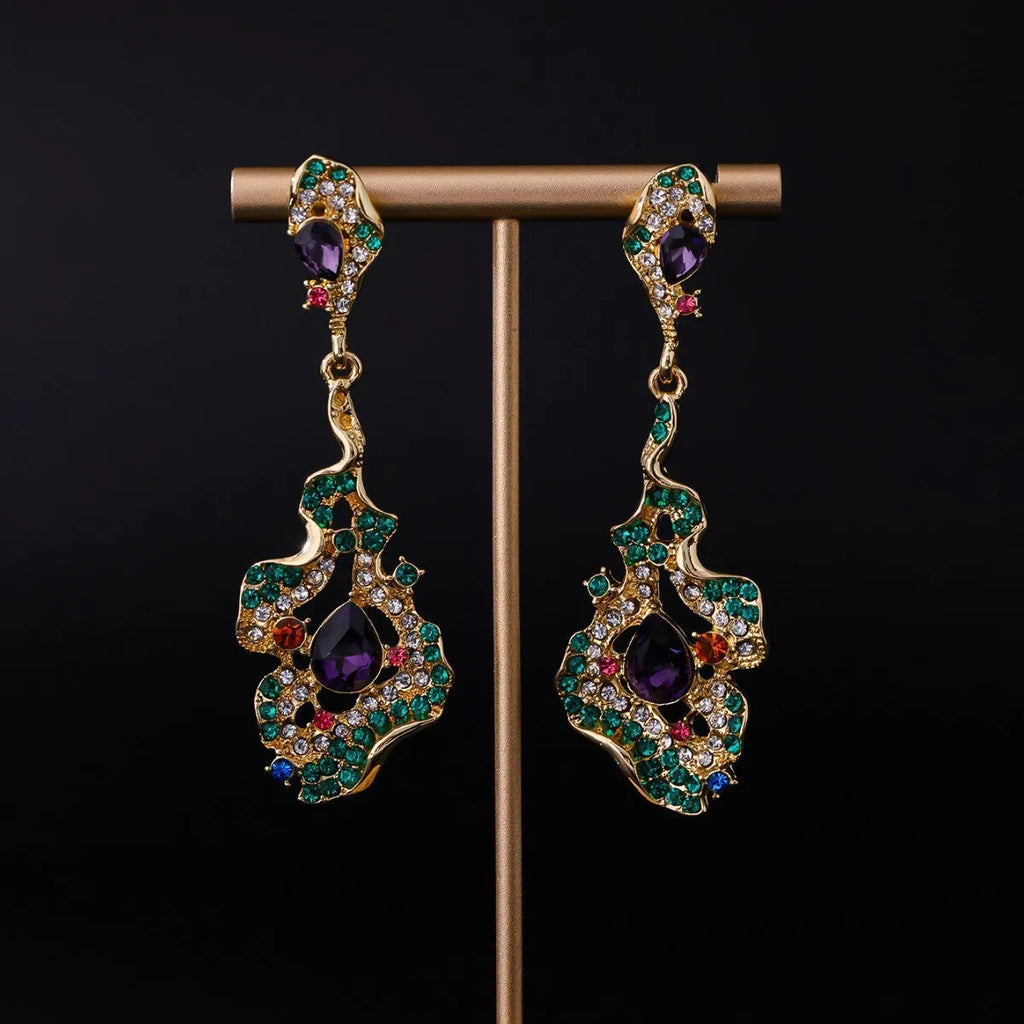 Chinese style alloy ear studs with ring element, 7.1x2.5cm, vintage temperament, purple and green colours