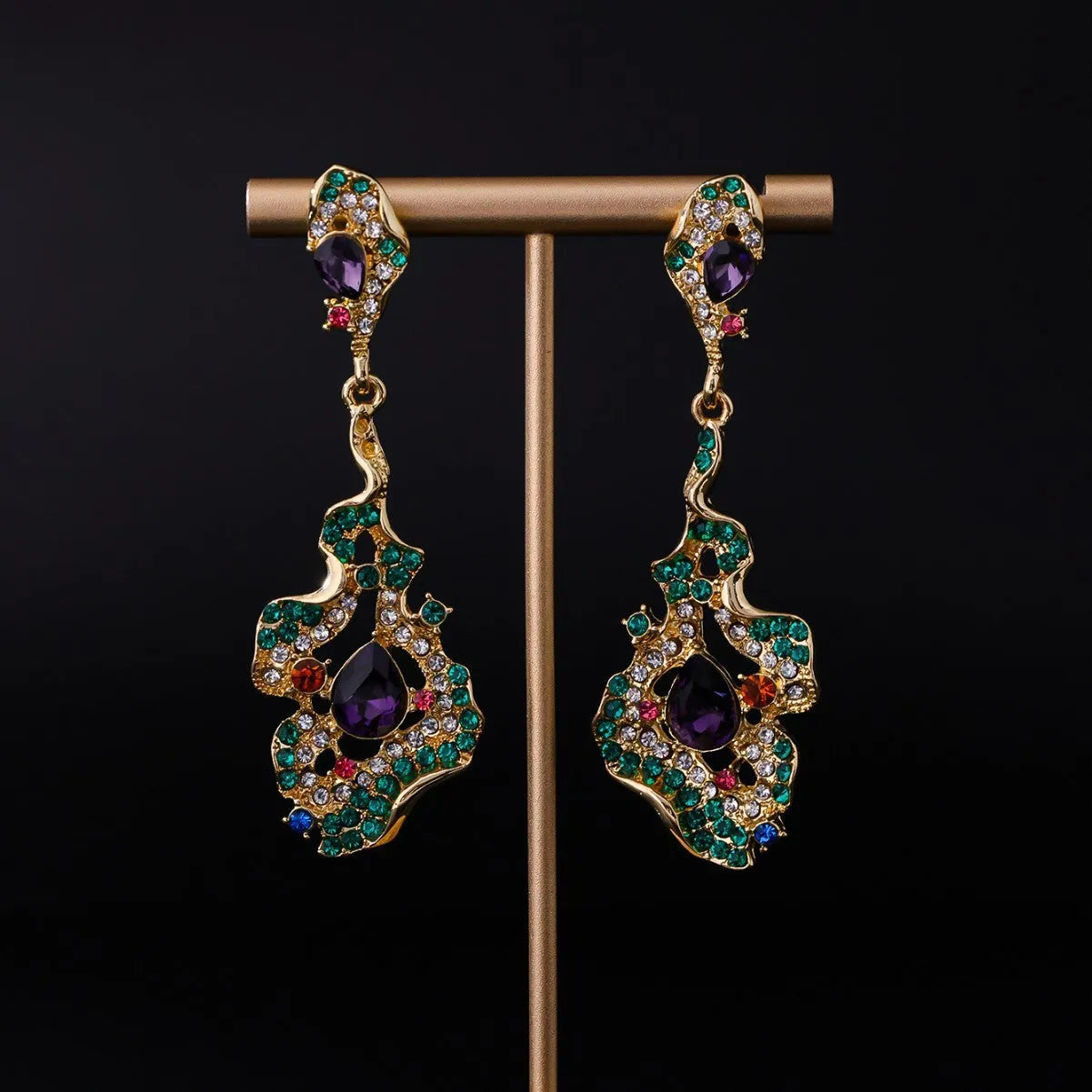 Chinese style alloy ear studs with ring element, 7.1x2.5cm, vintage temperament, purple and green colours