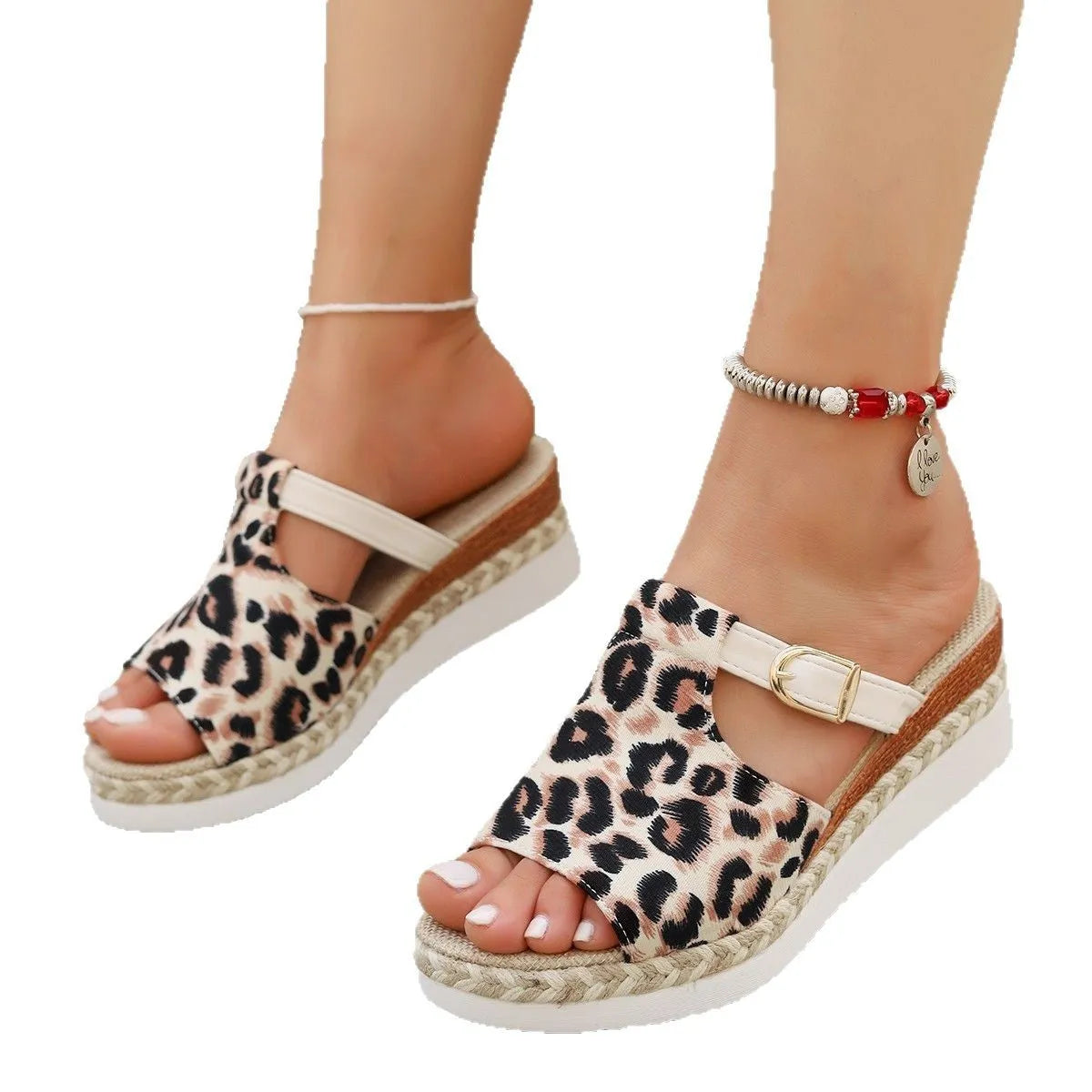 Leopard print platform wedge sandals with a fish mouth toe bracket in beige, light green, and yellow colours